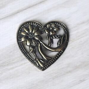 Floral Sunflower Heart Brooch Pin Gold Tone Vintage Garden Party Romantic